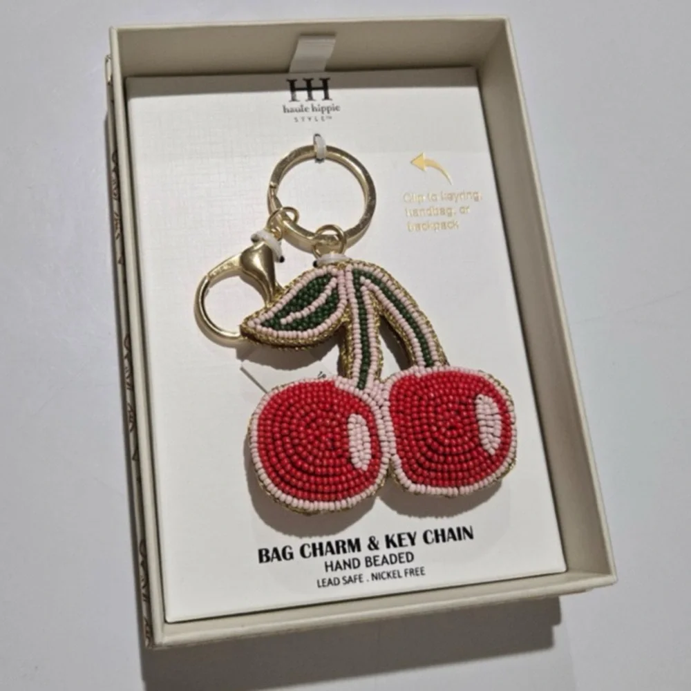 HAUTE HIPPIE STYLE Hand-Beaded Crafted Cherry Keychain Bag Purse Charm NEW NWT